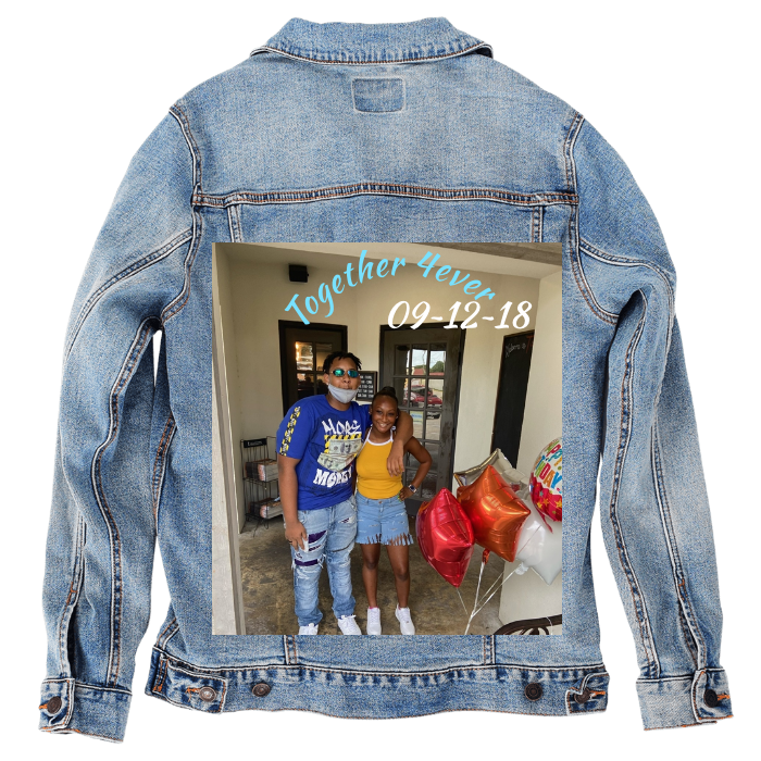 Customer Designed Custom Denim Jacket (hand-crafted) with 3 color choices of jacket: Stonewash, White, or Black. Unisex XS S M L XL 2X 3X. USA hand-crafted and USA digitally printed. Ships free within the USA & also ships Internationally.