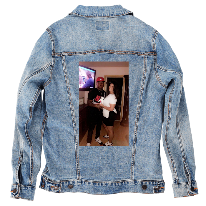 Customer Designed Custom Denim Jacket (hand-crafted) with 3 color choices of jacket: Stonewash, White, or Black. Unisex XS S M L XL 2X 3X. USA hand-crafted and USA digitally printed. Ships free within the USA & also ships Internationally.