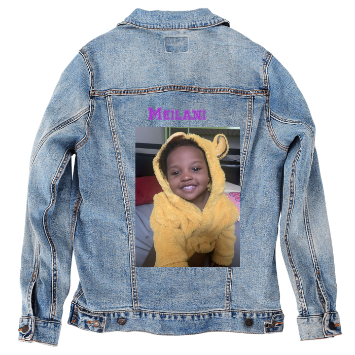 Customer Designed Custom Denim Jacket (hand-crafted) with 3 color choices of jacket: Stonewash, White, or Black. Unisex XS S M L XL 2X 3X. USA hand-crafted and USA digitally printed. Ships free within the USA & also ships Internationally.
