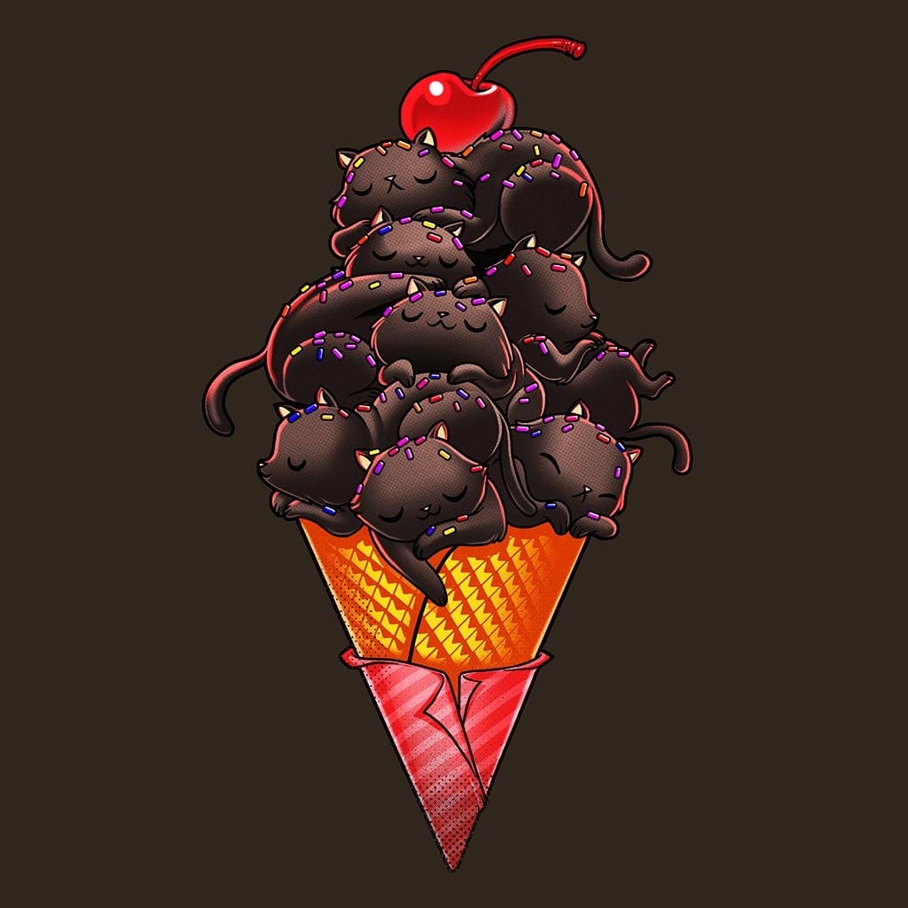 CAT ICE CREAM by TOBE FONSECA, digitally printed on DENIM products: throw pillows, aprons, table place mats, and hand-crafted Unisex Denim Jackets in 3 color choices