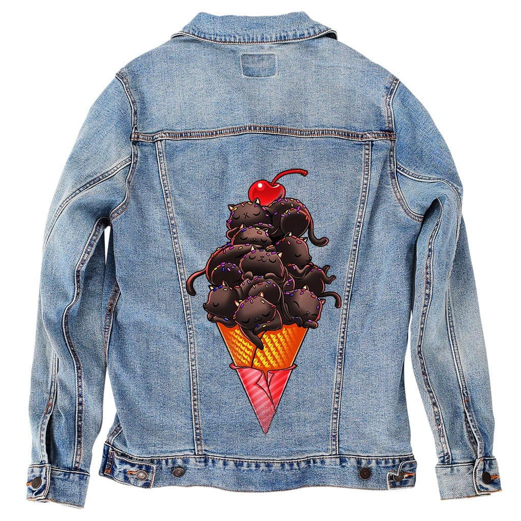 CAT ICE CREAM by TOBE FONSECA, digitally printed on DENIM products: throw pillows, aprons, table place mats, and hand-crafted Unisex Denim Jackets in 3 color choices