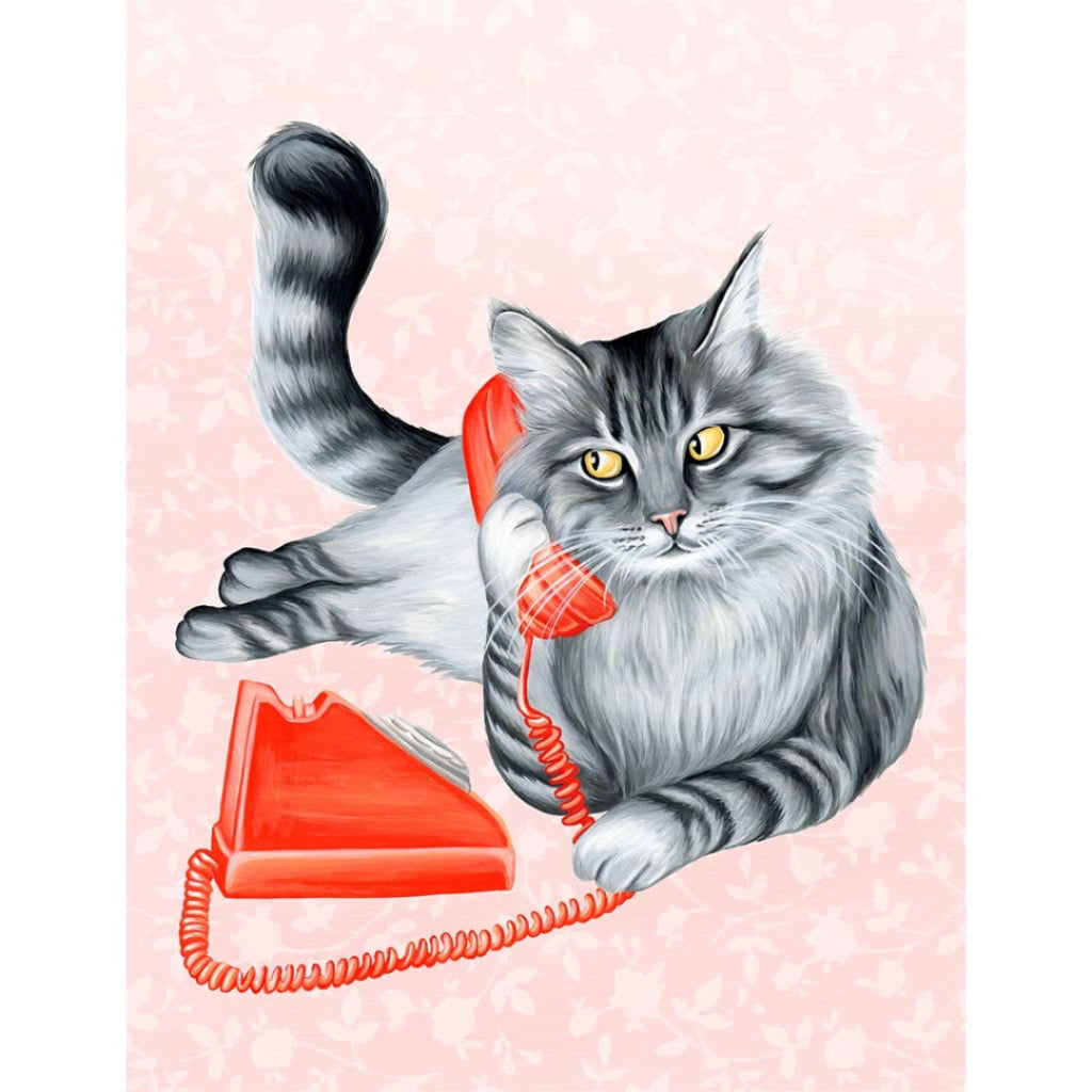 illustration of a fluffy gray long-haired cat reclining with its tail curled upward, holding a bright red vintage telephone receiver to its ear. the cat’s fur is rendered in layered charcoal and silver tones with fine whisker lines and golden-yellow eyes gazing forward. a matching red phone base and coiled cord rest below against a pale pink background patterned with soft floral silhouettes. this artwork is titled “Cat on the Phone” and created by Amélie Legault 