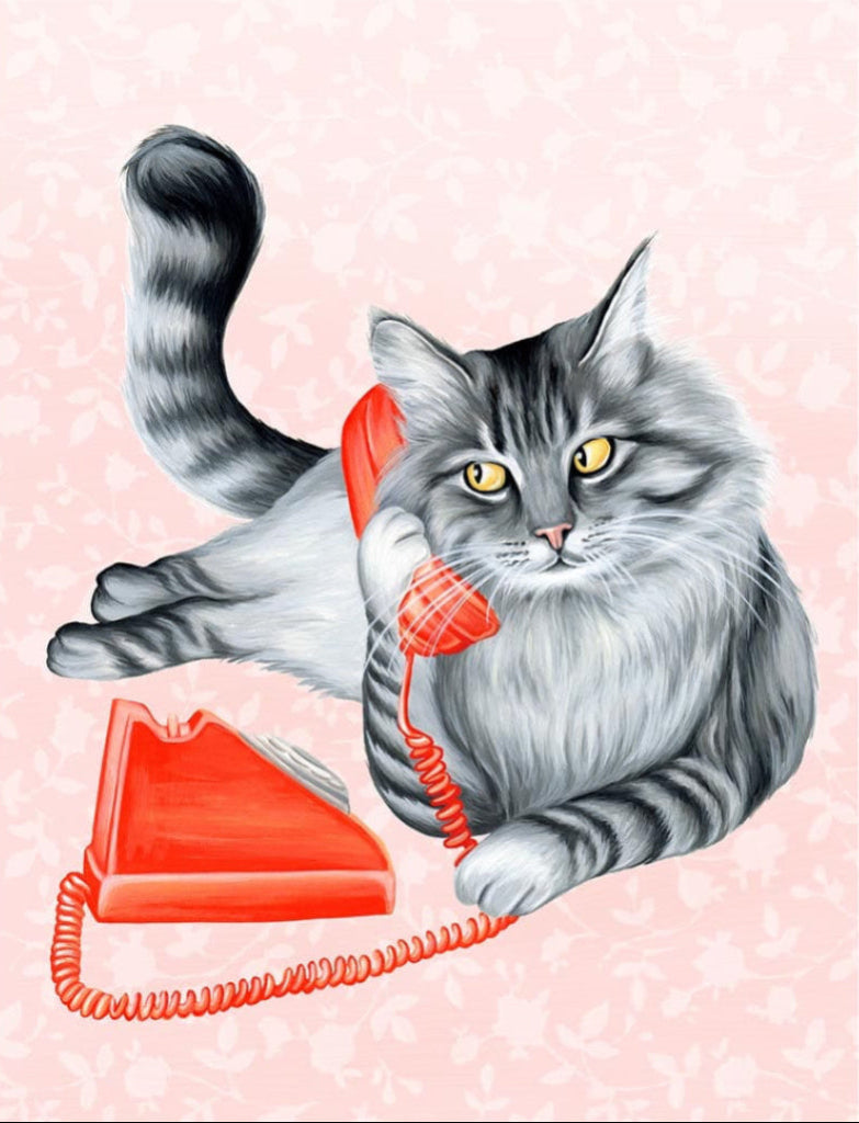 illustration of a fluffy gray long-haired cat reclining with its tail curled upward, holding a bright red vintage telephone receiver to its ear. the cat’s fur is rendered in layered charcoal and silver tones with fine whisker lines and golden-yellow eyes gazing forward. a matching red phone base and coiled cord rest below against a pale pink background patterned with soft floral silhouettes. this artwork is titled “Cat on the Phone” and created by Amélie Legault 