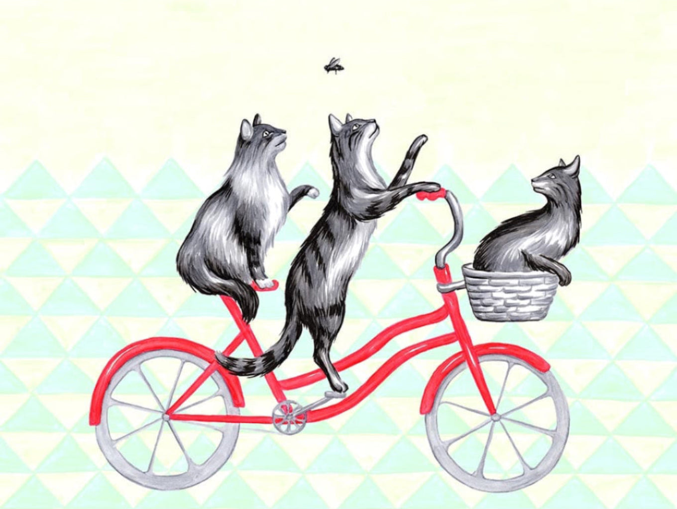 illustration of three gray-and-black striped cats riding a bright red bicycle, with one cat seated on the rear rack, one standing upright pedaling in the center, and one sitting calmly in a front basket. the cats gaze upward toward a small flying insect above them. the bicycle’s wheels and frame are outlined in soft gray and red tones against a pale yellow background with repeating mint and cream geometric triangle patterns. this artwork is titled “Cats Riding a Bicycle” and created by Amelia Legault