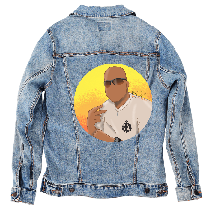 Customer Designed Custom Denim Jacket (hand-crafted) with 3 color choices of jacket: Stonewash, White, or Black. Unisex XS S M L XL 2X 3X. USA hand-crafted and USA digitally printed. Ships free within the USA & also ships Internationally.