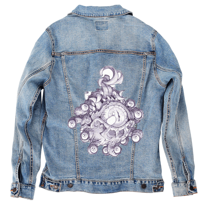 Customer Designed Custom Denim Jacket (hand-crafted) with 3 color choices of jacket: Stonewash, White, or Black. Unisex XS S M L XL 2X 3X. USA hand-crafted and USA digitally printed. Ships free within the USA & also ships Internationally.