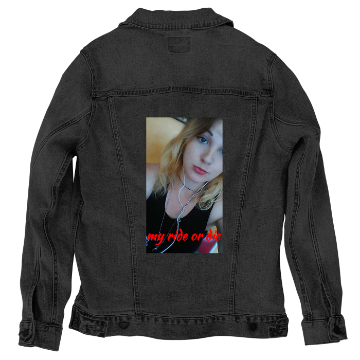 Customer Designed Custom Denim Jacket (hand-crafted) with 3 color choices of jacket: Stonewash, White, or Black. Unisex XS S M L XL 2X 3X. USA hand-crafted and USA digitally printed. Ships free within the USA & also ships Internationally.