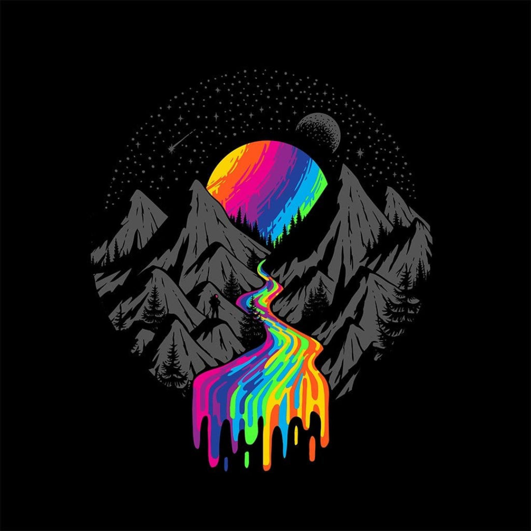 COSMIC RIVER by GRANT SHEPLEY, digitally printed on DENIM products: throw pillows, aprons, table place mats, and hand-crafted Unisex Denim Jackets in 3 color choices. Artwork shown on black background