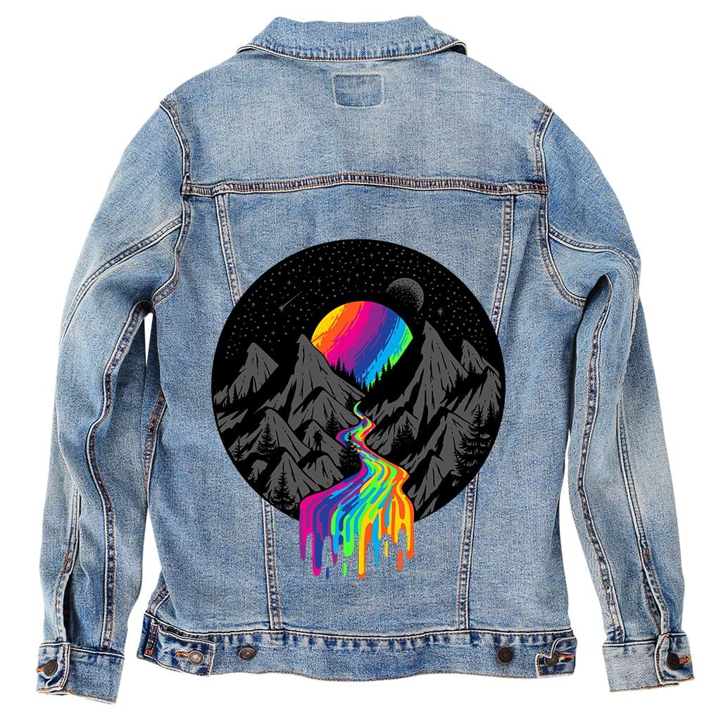 COSMIC RIVER by GRANT SHEPLEY, digitally printed on DENIM products: throw pillows, aprons, table place mats, and hand-crafted Unisex Denim Jackets in 3 color choices