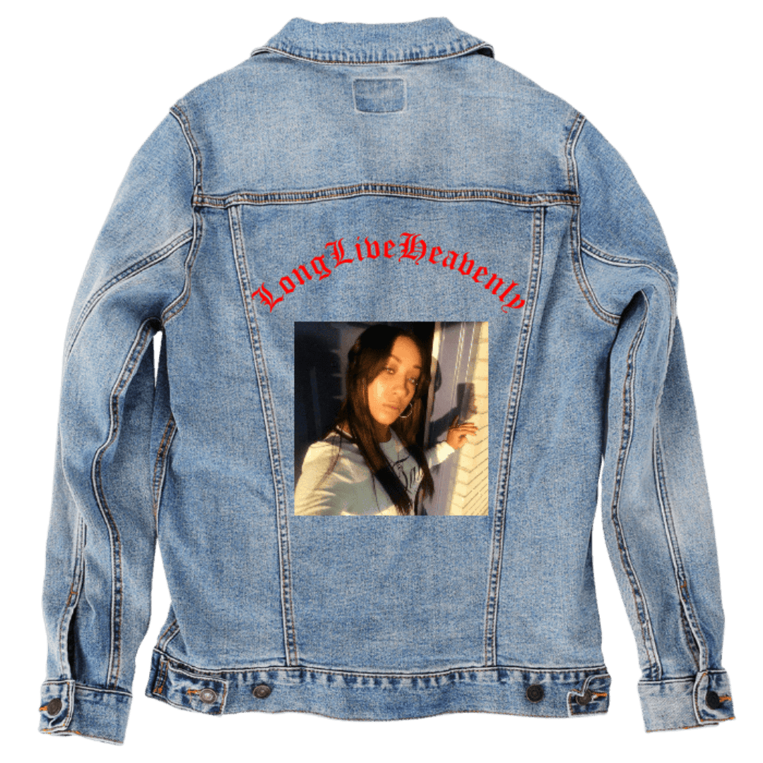 Custom Denim Jacket – Memorial Portrait Photo with Red “LongLiveHeavenly” Arched Text Back Art – Customer Designed (hand - crafted) – 3 Color Choices custom denim jacket by DenimINK