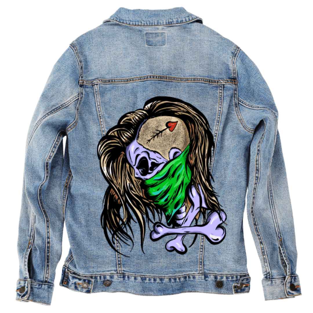 Custom Denim Jacket – Customer Designed – Cartoon Zombie Skull with Green Bandana Back Art – 3 Color Choices (hand - crafted) custom denim jacket by DenimINK