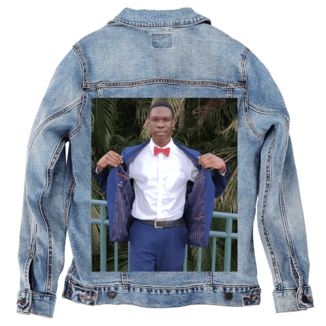 Custom Denim Jacket – Formal Portrait Photo with Blue Suit &amp; Red Bow Tie Back Art – Customer Designed (hand - crafted) – 3 Color Choices custom denim jacket by DenimINK