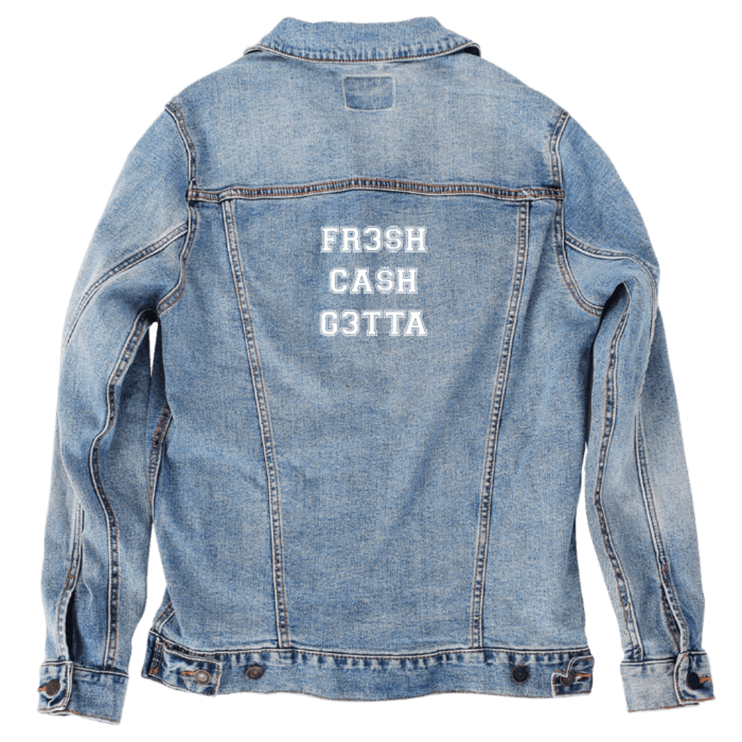 Custom Denim Jacket – “FR3SH / CA$H / G3TTA” White Varsity Text Back Art – Customer Designed (hand - crafted) – 3 Color Choices custom denim jacket by DenimINK
