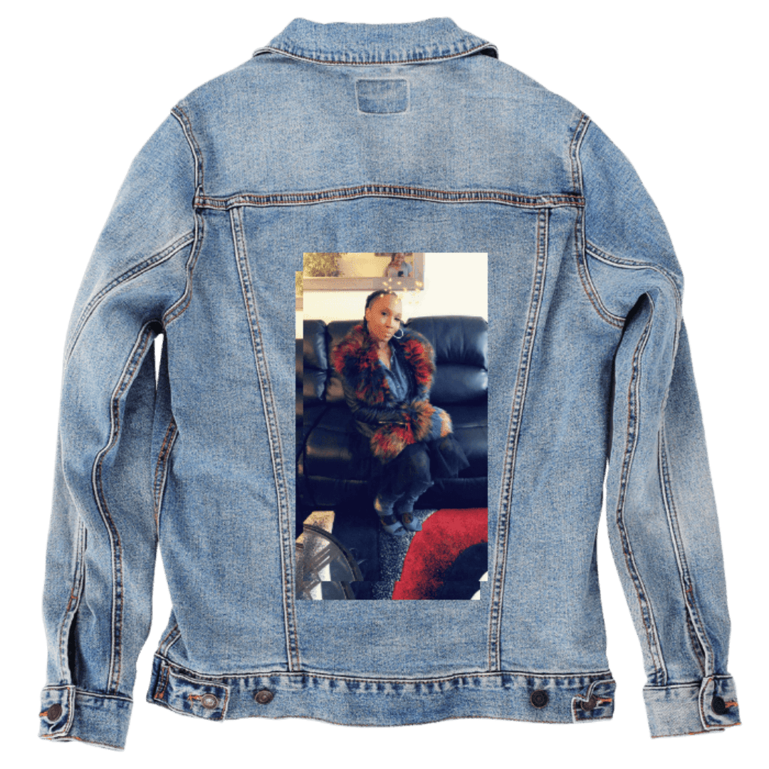 Custom Denim Jacket – Customer Designed – Indoor Fashion Portrait Photo Back Art – 3 Color Choices (hand - crafted) custom denim jacket by DenimINK