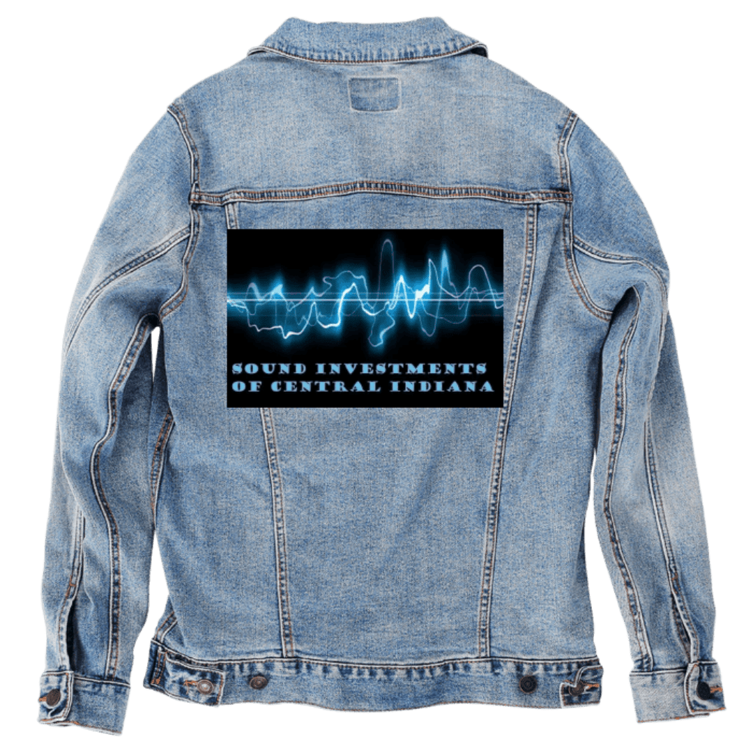 Custom Denim Jacket – Customer Designed – Sound Investments of Central Indiana Audio Wave Graphic Back Art – 3 Color Choices (hand - crafted) custom denim jacket by DenimINK