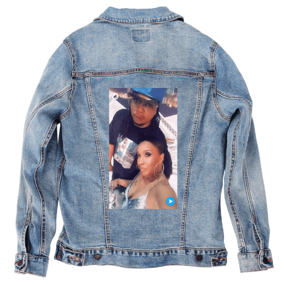 Custom Denim Jacket – Customer Designed – Two - Person Selfie Photo with Filter Back Art – 3 Color Choices (hand - crafted) custom denim jacket by DenimINK