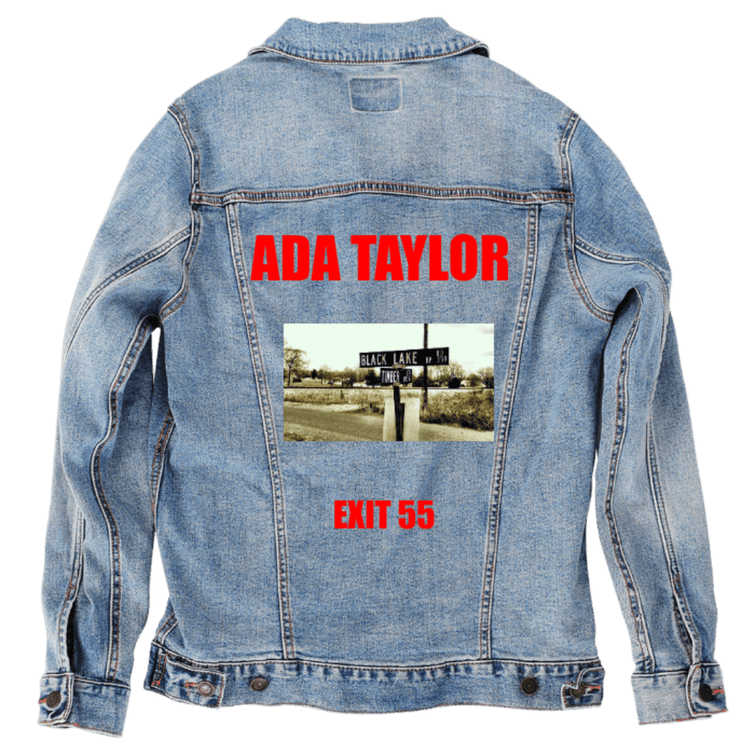 Custom Denim Jacket – Customer Designed – “ADA TAYLOR” Red Text, Road Sign Photo, and “EXIT 55” Back Art – 3 Color Choices (hand - crafted) custom denim jacket by DenimINK