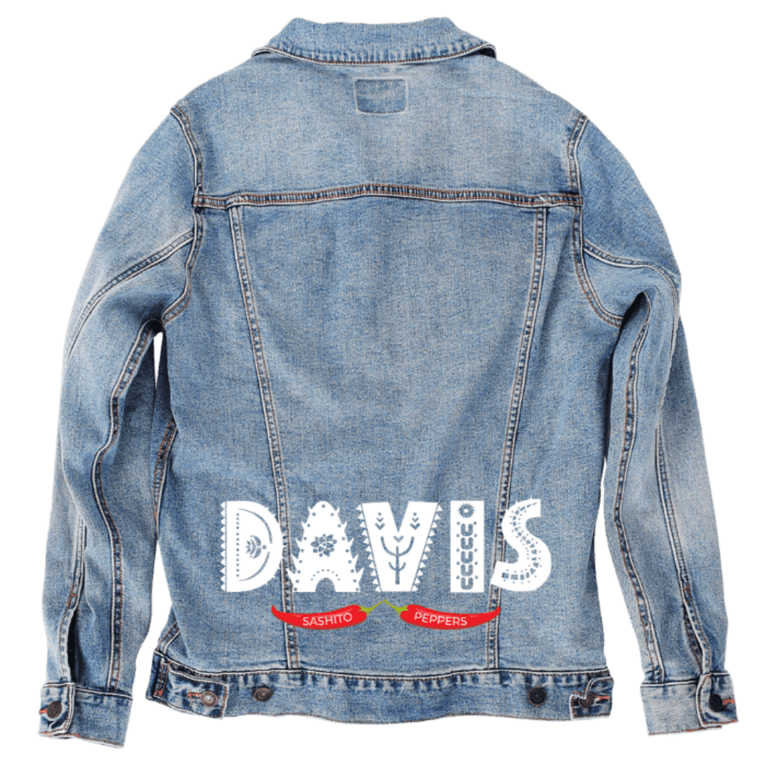 Custom Denim Jacket – Customer Designed – “DAVIS” Distressed White Text with Red Sashito Peppers Banner Back Art – 3 Color Choices (hand - crafted) custom denim jacket by DenimINK