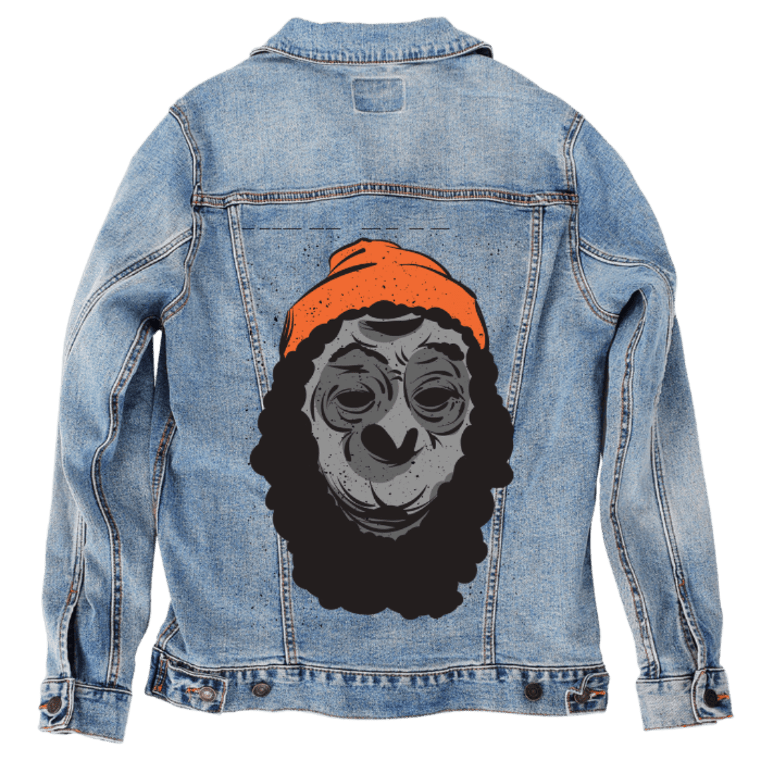 Custom Denim Jacket – Customer Designed – Illustrated Gray - Faced Character with Bright Orange Beanie & Curly Black Outline Back Art – 3 Color Choices (hand - crafted) custom denim jacket by DenimINK