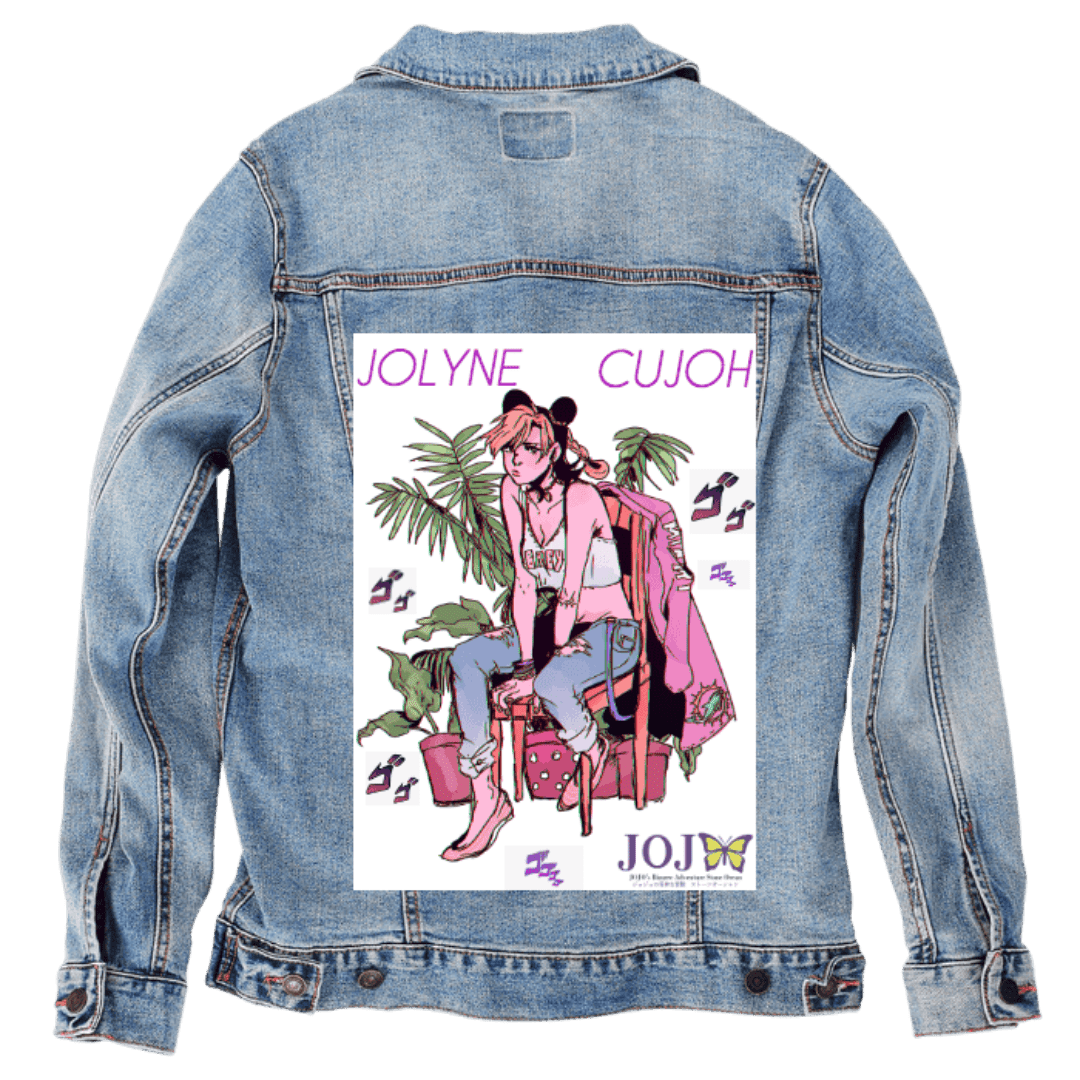 Custom Denim Jacket – Customer Designed – Jolyne Cujoh Anime Illustration Back Art – 3 Color Choices (hand - crafted) custom denim jacket by DenimINK