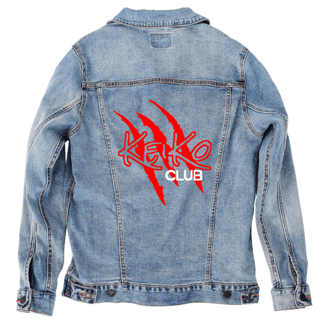 Custom Denim Jacket – Customer Designed – “KEIKO CLUB” Red Claw - Marks Graphic Back Art – 3 Color Choices (hand - crafted) custom denim jacket by DenimINK