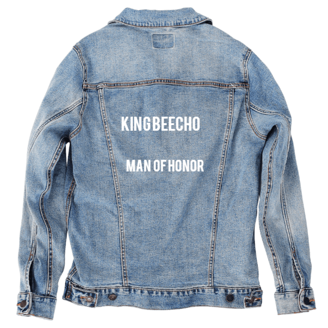Custom Denim Jacket – Customer Designed – “KINGBEECHO” and “MAN OF HONOR” White Text Back Art – 3 Color Choices (hand - crafted) custom denim jacket by DenimINK