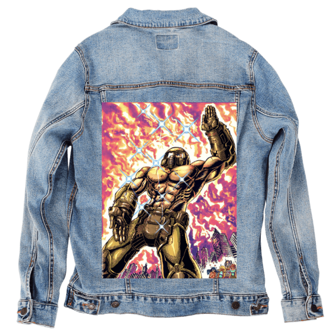 Custom Denim Jacket – Customer Designed – Armored Muscular Hero with Explosive Fiery Sky &amp; Crumbling Cityscape Back Art – 3 Color Choices (hand - crafted) custom denim jacket by DenimINK