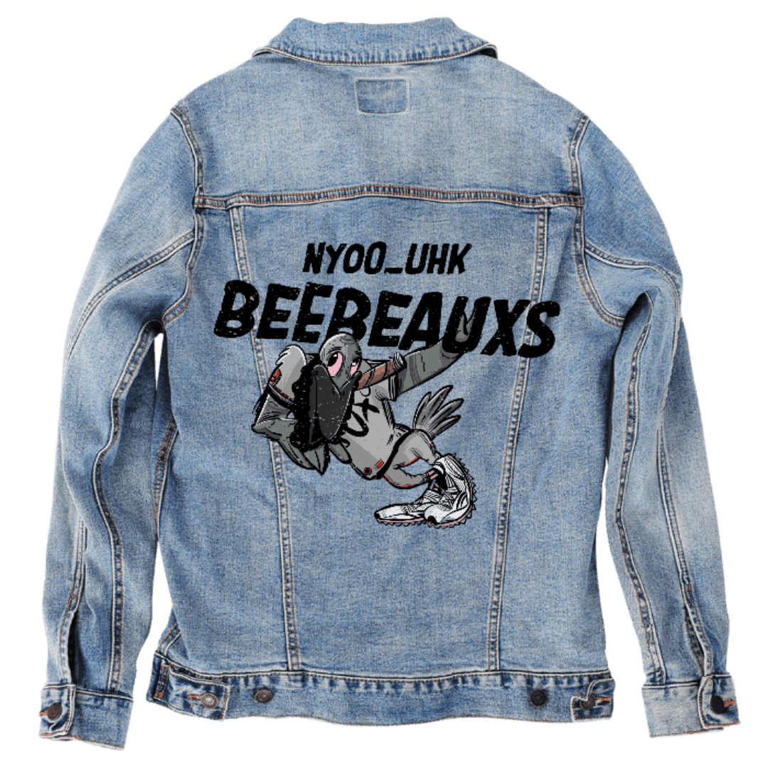 Custom Denim Jacket – Customer Designed – “NYOO_UHK / BEEPEAUXXS” Text with Animated Gray Kicking Character Back Art – 3 Color Choices (hand - crafted custom denim jacket by DenimINK