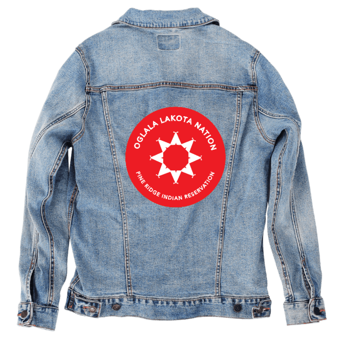 Custom Denim Jacket – Customer Designed – Oglala Lakota Nation Red Emblem Back Art – 3 Color Choices (hand - crafted) | 1011 custom denim jacket by DenimINK