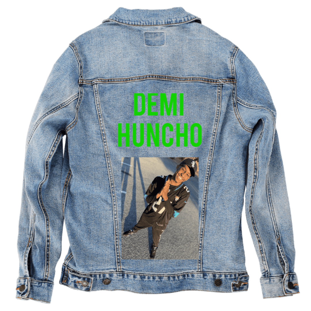 Custom Denim Jacket – Outdoors Portrait with Green “DEMI HUNCHO” Text – Customer Designed (hand - crafted) – 3 Color Choices custom denim jacket by DenimINK