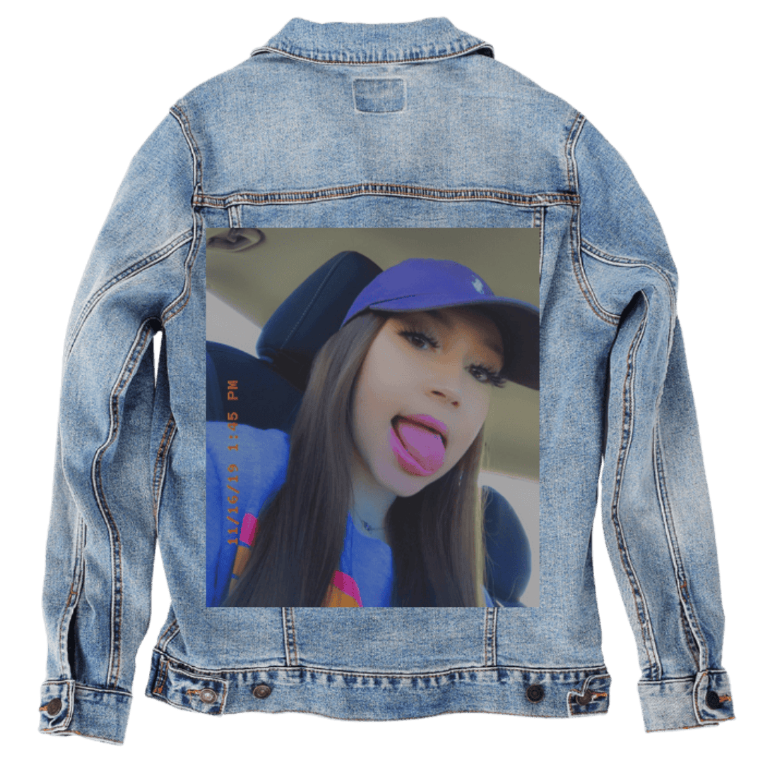 Custom Denim Jacket – Customer Designed – Playful Car Selfie with Purple Hat &amp; “11/14/19 2:45 PM” Timestamp Back Art – 3 Color Choices (hand - crafted) custom denim jacket by DenimINK