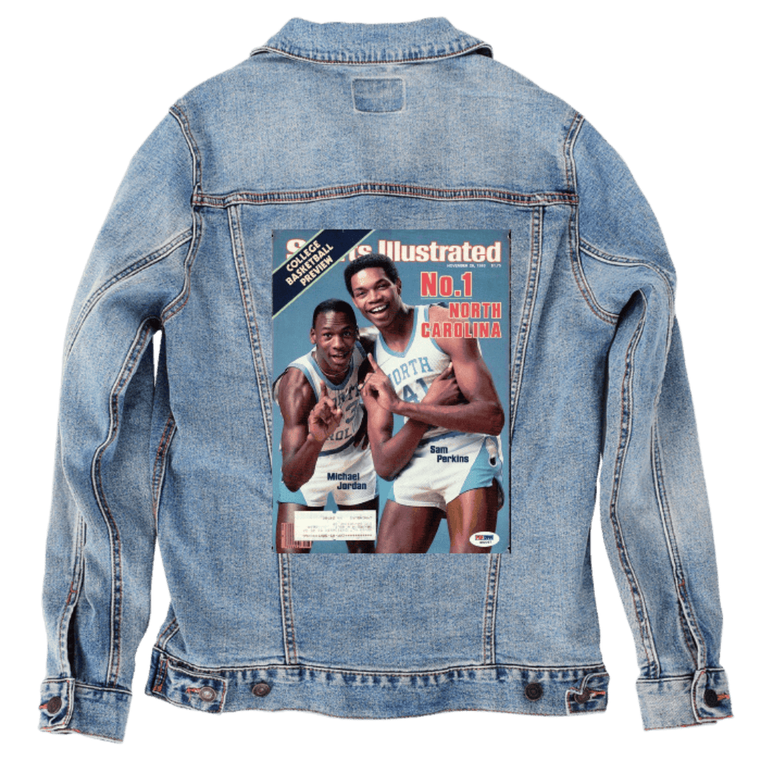 Custom Denim Jacket – Vintage Sports Illustrated - Style Cover with Two Basketball Players – Customer Designed (hand - crafted) – 3 Color Choices custom denim jacket by DenimINK