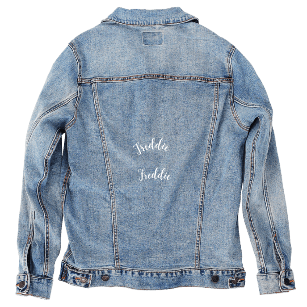 Custom Denim Jacket – Customer Designed – White Script “Freddie” Text Back Art – 3 Color Choices (hand - crafted) custom denim jacket by DenimINK