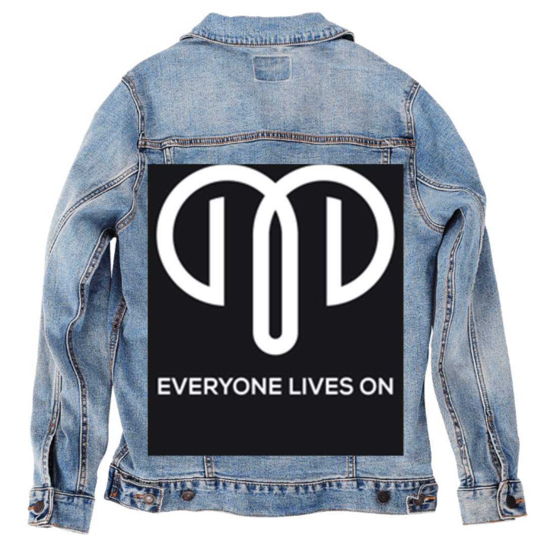 Customer designed custom denim jacket (L stonewash) featuring a bold black rectangular graphic printed on the back, displaying a large white stylized symbol with curved lines forming a mirrored abstract shape. Below the symbol, white uppercase text reads “EVERYONE LIVES ON.” The clean modern design and strong contrast between black, white, and the soft faded blue denim create a striking, minimalist statement piece, printed on denim jacket by DenimINK.