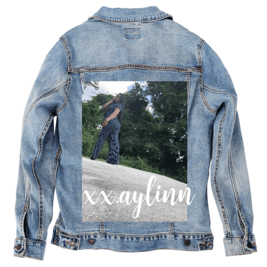 Custom Denim Jacket – Woman Standing on Slope with Trees and Script Text – Customer Designed (hand - crafted) – 3 Color Choices custom denim jacket by DenimINK