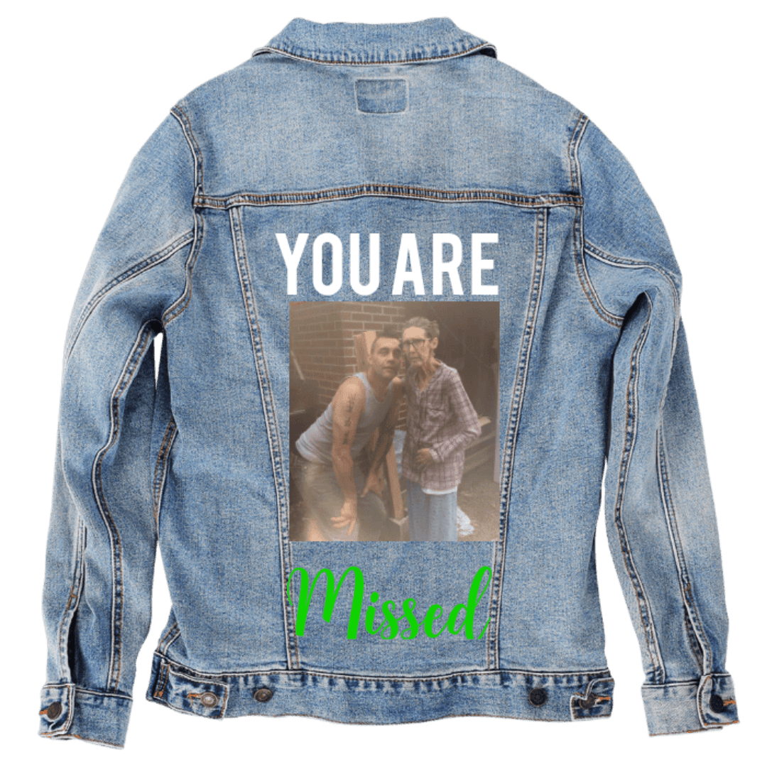 Custom Denim Jacket – Customer Designed – “YOU ARE / Missed” Memorial Text and Two - Person Photo Back Art – 3 Color Choices (hand - crafted) custom denim jacket by DenimINK