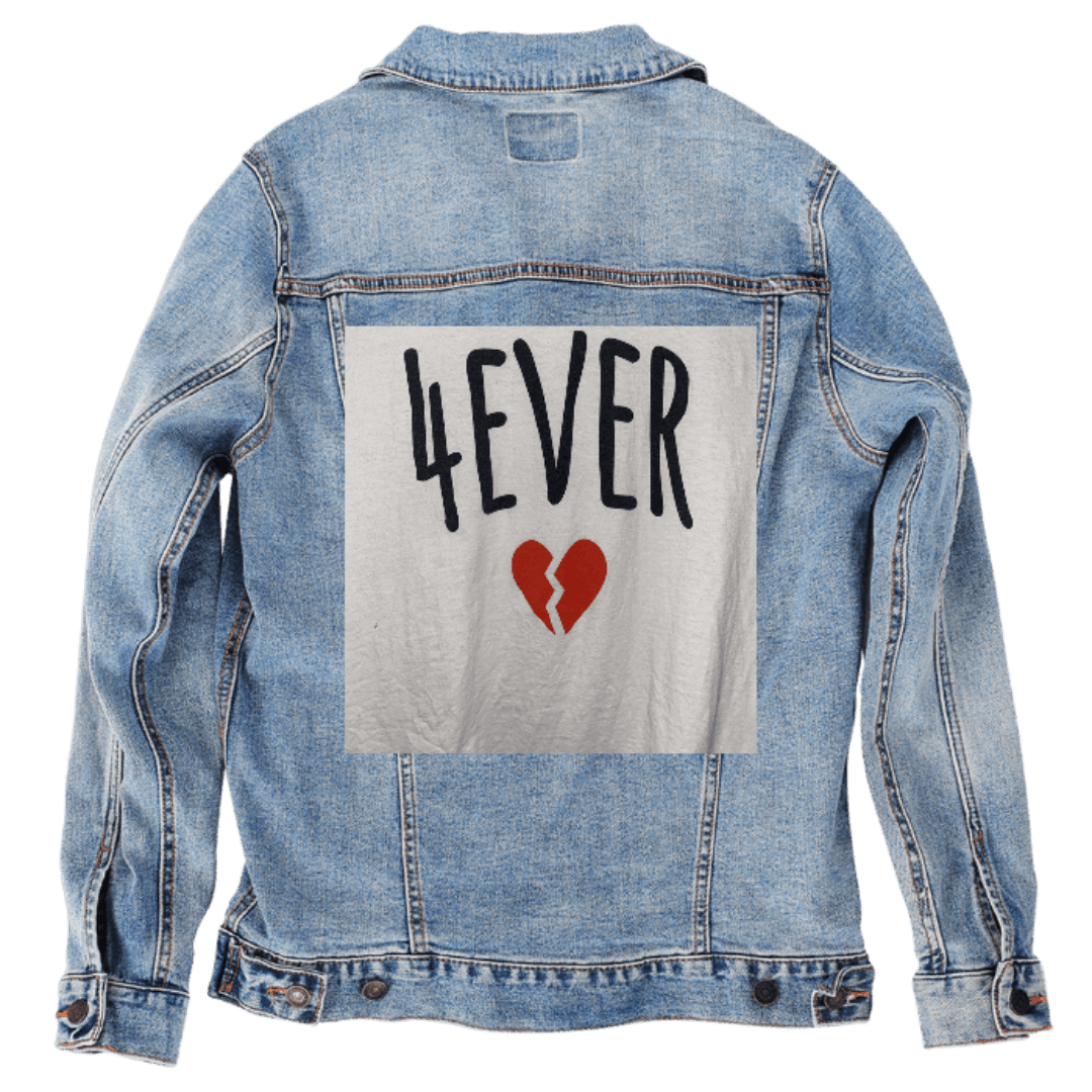 Custom Denim Jacket – Customer Designed – “4EVER” Text with Broken Heart Graphic Back Art – 3 Color Choices (hand - crafted) custom denim jacket by DenimINK
