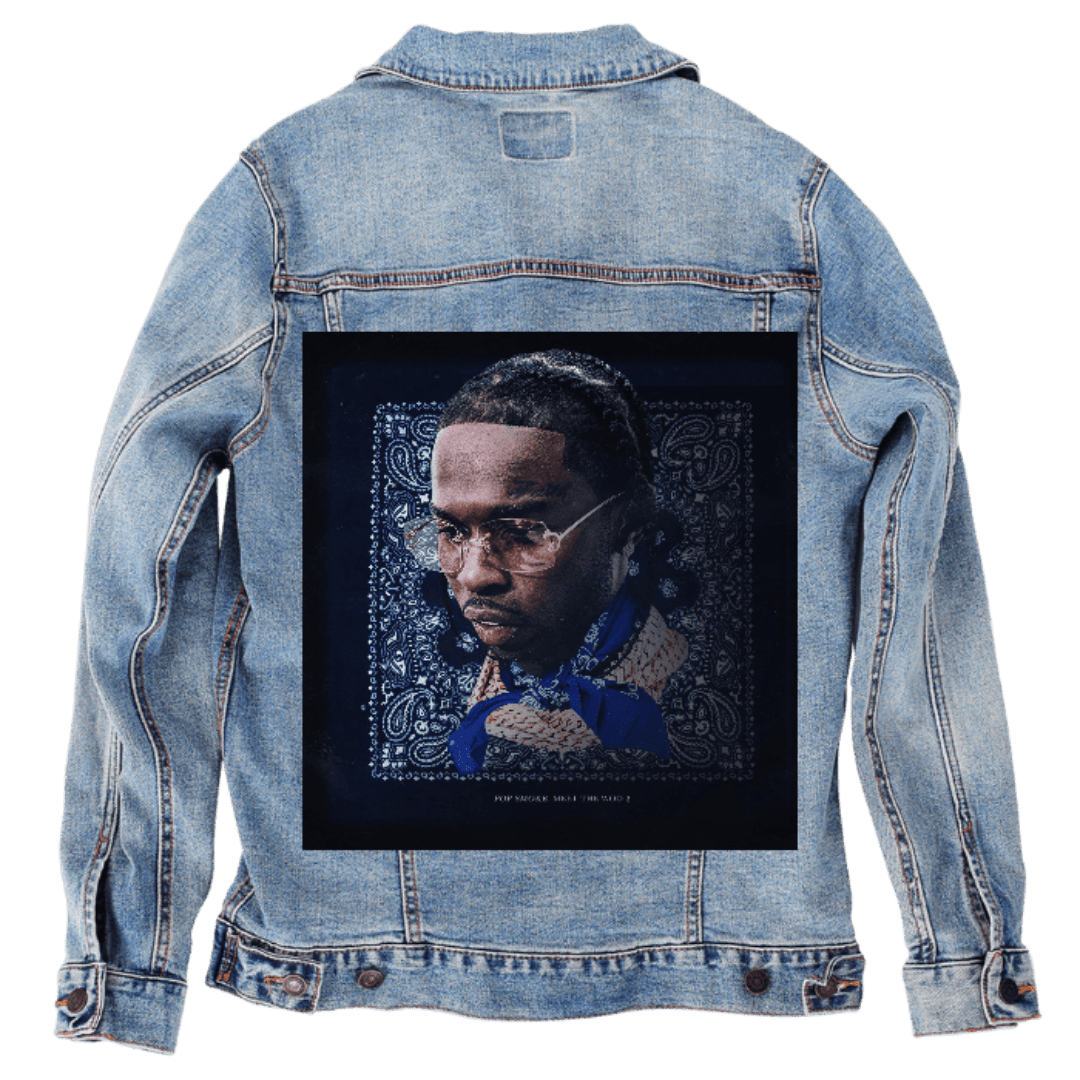 Custom Denim Jacket – Customer Designed – Blue Bandana - Frame Portrait with Deep Shadow & Highlight Detailing Back Art – 3 Color Choices (hand - crafted) custom denim jacket by DenimINK