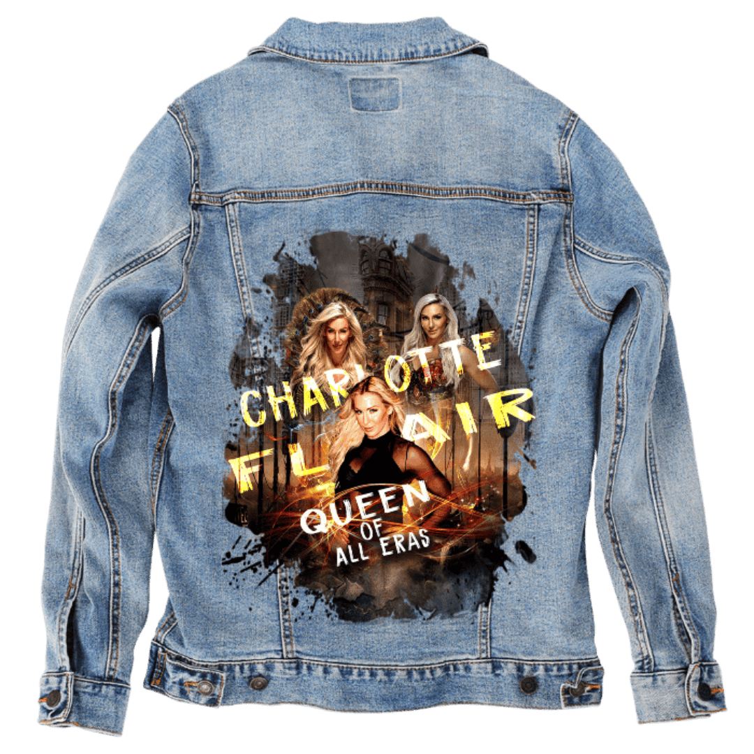 Custom Denim Jacket – Customer Designed – “CHARLOTTE FLAIR” Text and Multi - Portrait Collage Back Art – 3 Color Choices (hand - crafted) custom denim jacket by DenimINK