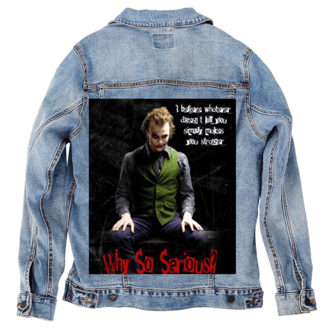 Custom Denim Jacket – Customer Designed – Dark Villain Character with Chaotic Cracked Background &amp; “Why So Serious?” Red Text Back Art – 3 Color Choices (hand - crafted) custom denim jacket by DenimINK