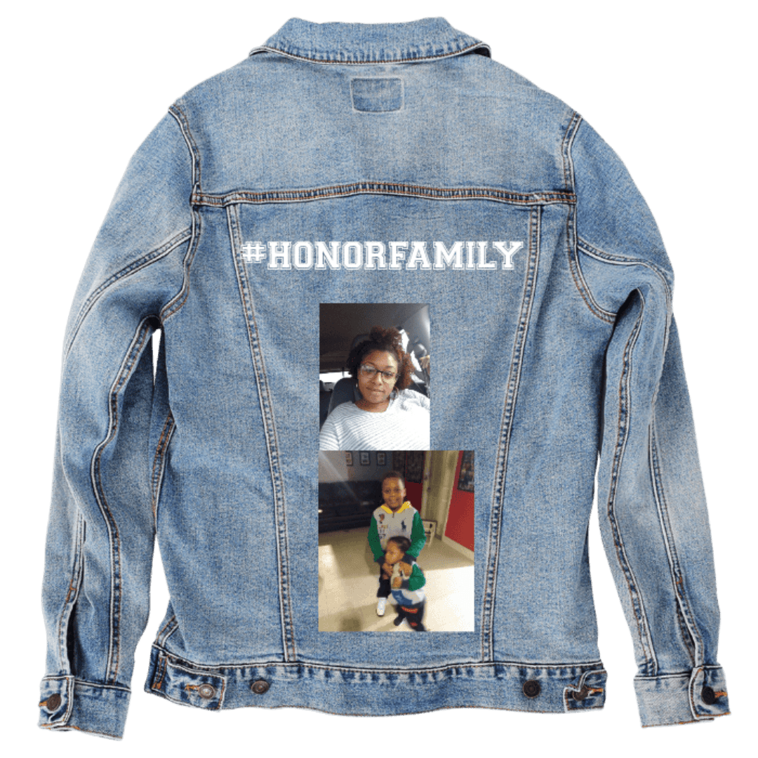 Custom Denim Jacket – Customer Designed – “HONORFAMILY” Hashtag with Two - Photo Family Collage Back Art – 3 Color Choices (hand - crafted) custom denim jacket by DenimINK