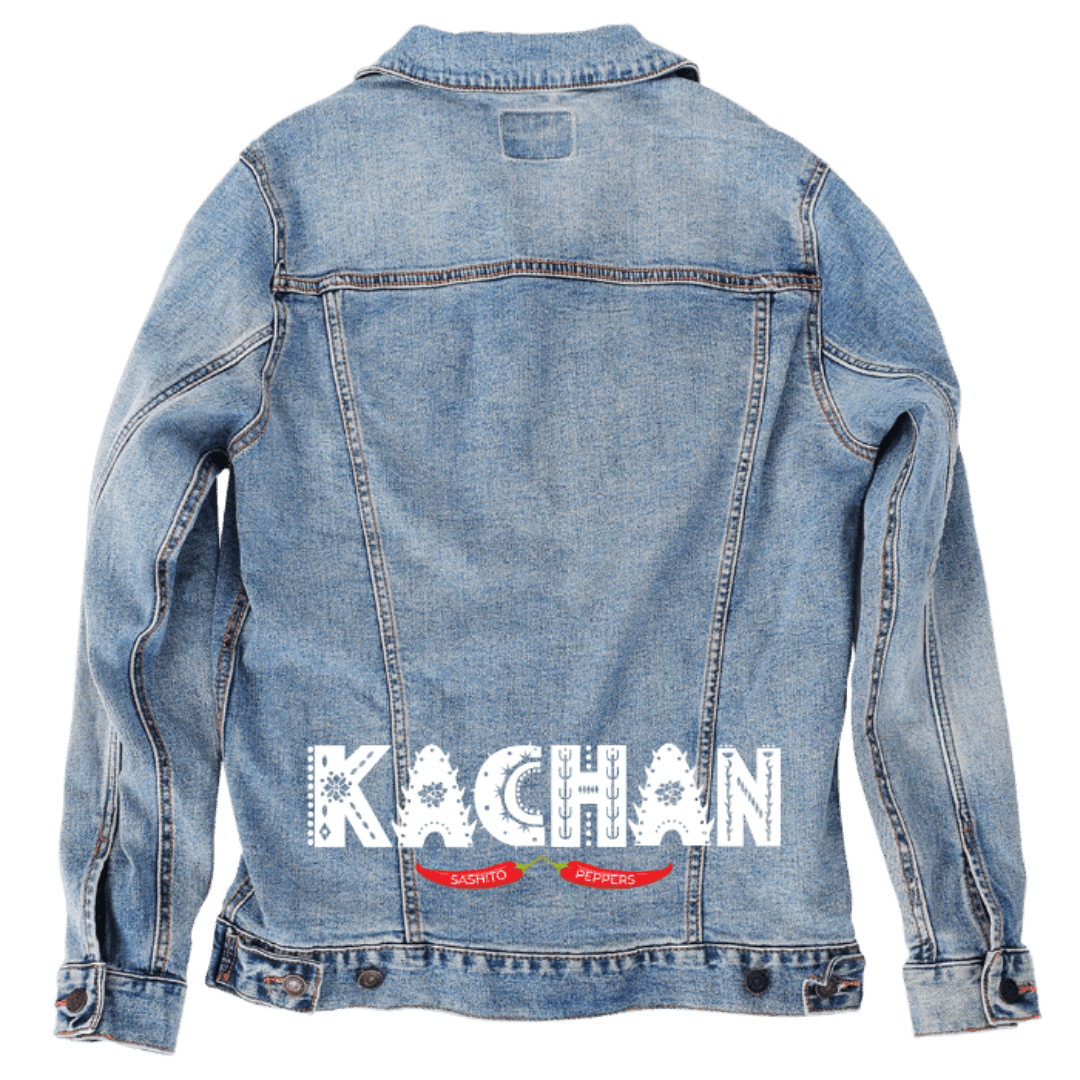 Custom Denim Jacket – Customer Designed – “KACHAN” Distressed White Text with Red Sashito Peppers Banner Back Art – 3 Color Choices (hand - crafted) custom denim jacket by DenimINK