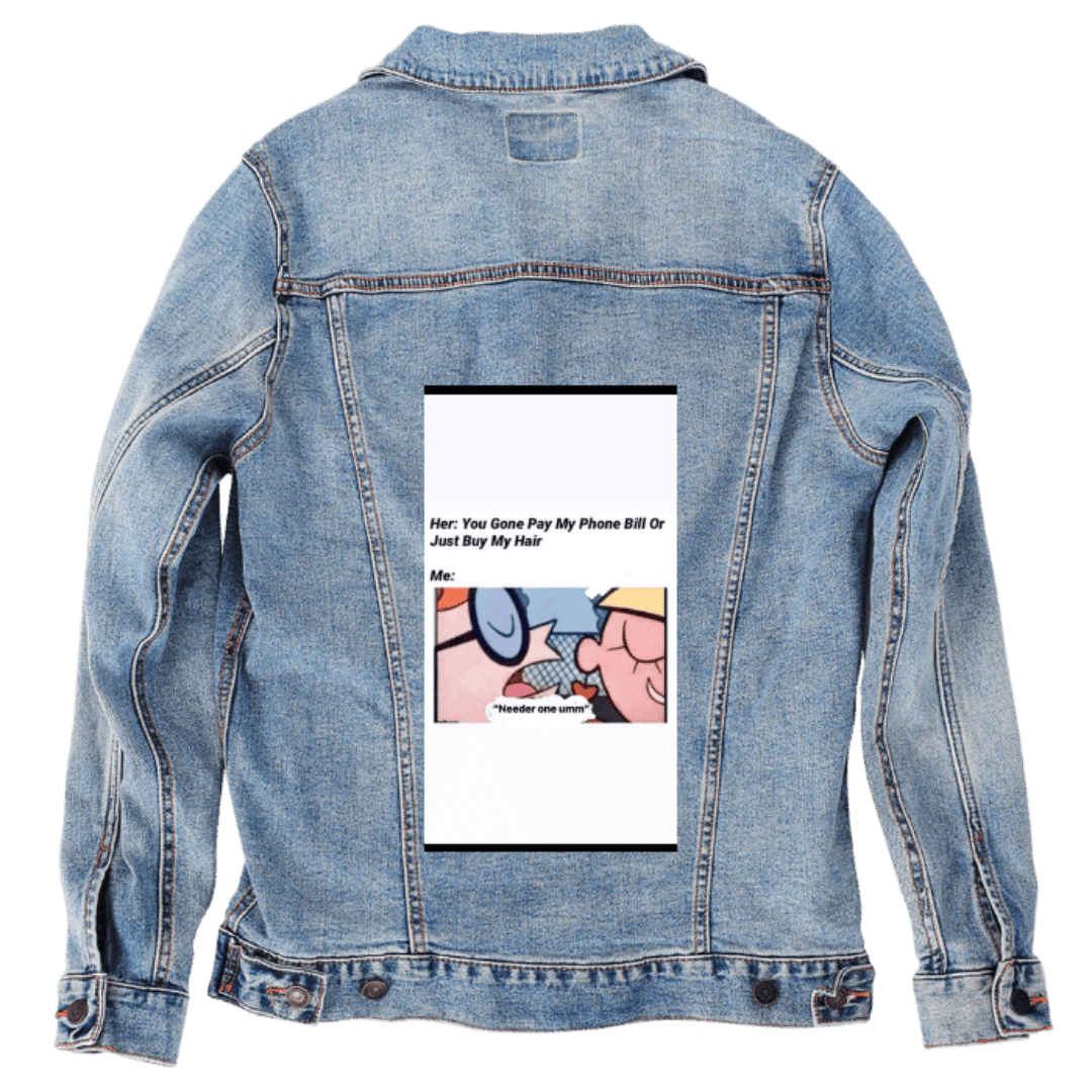 Custom Denim Jacket – Meme - Style Text Graphic with Cartoon Reaction Panel Back Art – Customer Designed (hand - crafted) – 3 Color Choices custom denim jacket by DenimINK