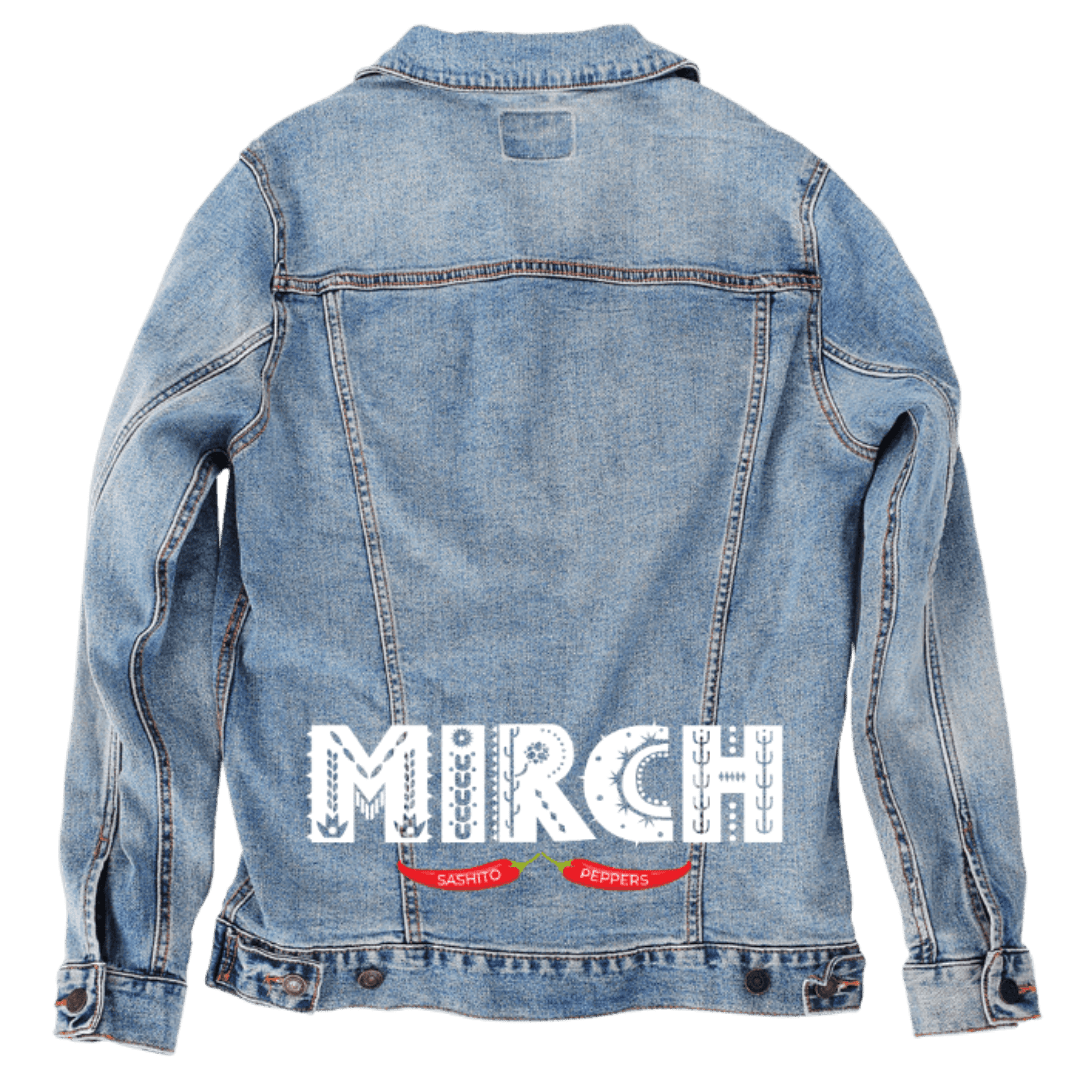 Custom Denim Jacket – Customer Designed – “MIRCH” Distressed White Text with Red Sashito Peppers Banner Back Art – 3 Color Choices (hand - crafted) custom denim jacket by DenimINK