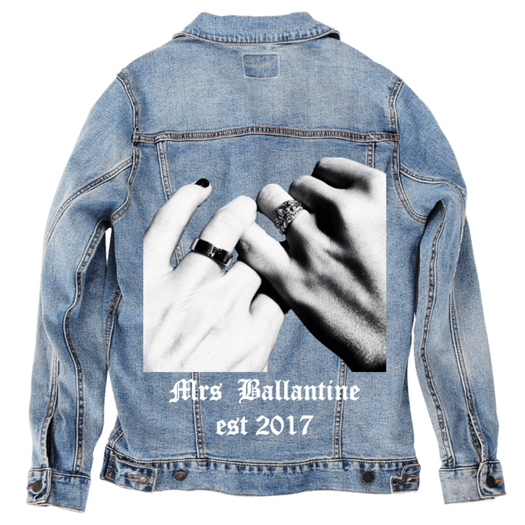 Custom Denim Jacket – Customer Designed – “Mrs Ballantine est 2017” Intertwined Hands Photo Back Art – 3 Color Choices (hand - crafted) | 1018 custom denim jacket by DenimINK