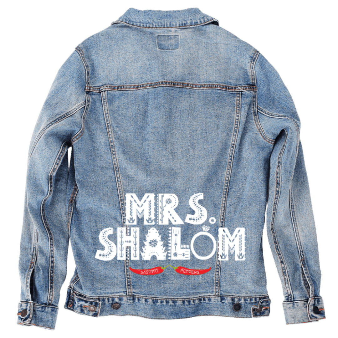 Custom Denim Jacket – Customer Designed – “MRS. SHALÔM” Distressed White Text with Red Sashito Peppers Banner Back Art – 3 Color Choices (hand - crafted) custom denim jacket by DenimINK