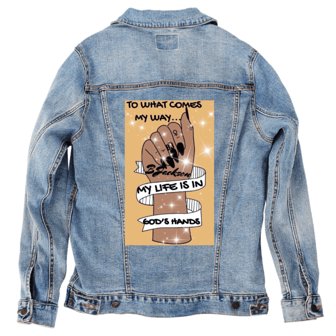 Custom Denim Jacket – Customer Designed – “MY LIFE IS IN GOD’S HANDS” Blackstar Hand Illustration with Sparkling Ribbon Text Back Art – 3 Color Choices (hand - crafted) custom denim jacket by DenimINK