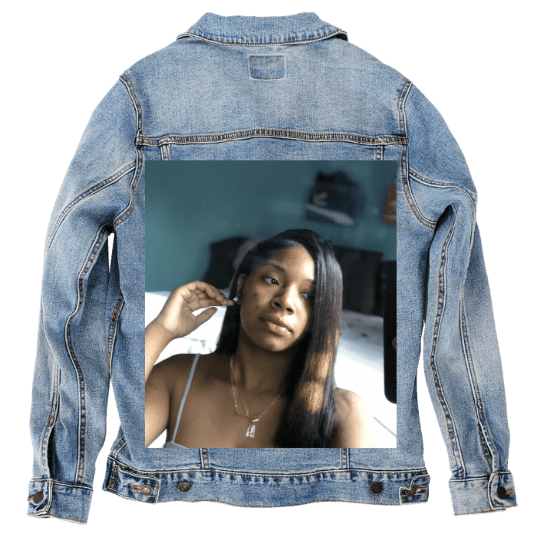 Custom Denim Jacket – Customer Designed – Natural - Light Indoor Portrait with Blue Room Background Back Art – 3 Color Choices (hand - crafted) custom denim jacket by DenimINK