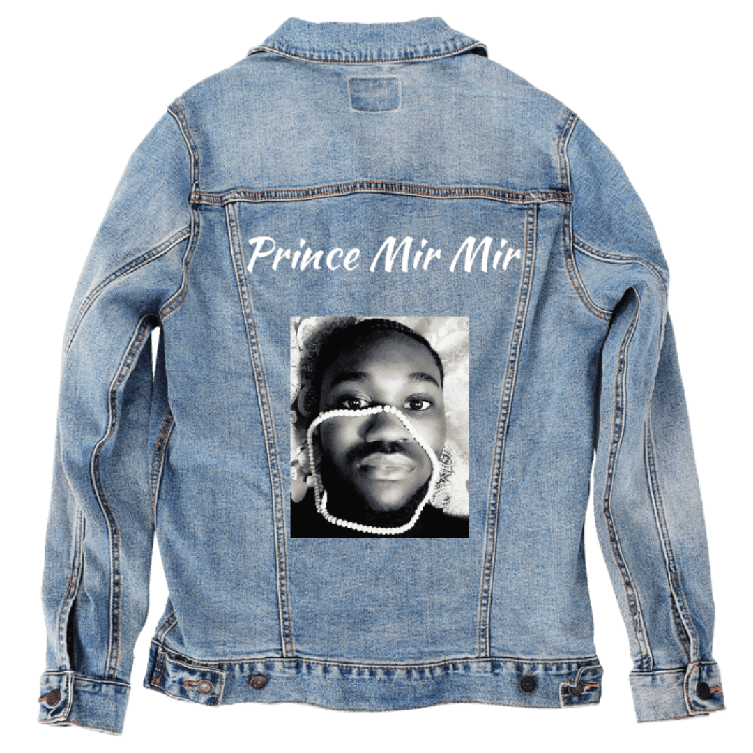 Custom Denim Jacket – Customer Designed – “Prince Mir Mir” White Script with Black - and - White Portrait & Curved Bead Necklace Back Art – 3 Color Choices (hand - crafted) custom denim jacket by DenimINK