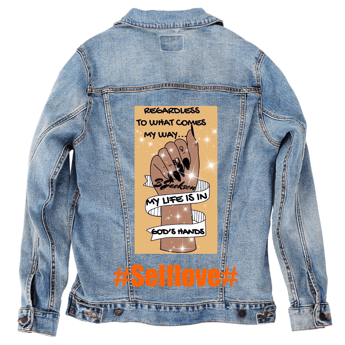 Custom Denim Jacket – Customer Designed – “Raised Black - Nail Hand / My Life Is in God’s Hands / Selflove” Golden Sparkle Illustration with Wrapped Ribbon Text Back Art – 3 Color Choices (hand - crafted) custom denim jacket by DenimINK